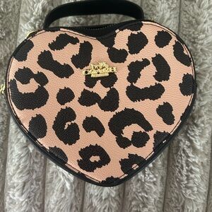 Coach Leopard Heart Shaped Pouch Bag Charm Pink Black Novelty Crossbody